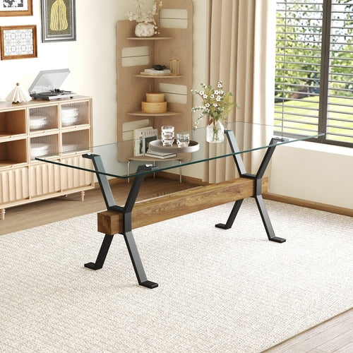 Elegant Transparent Tempered Glass Dining Table with X-shaped Black