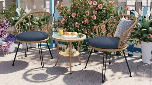 Outdoor Leisure Set, 2 Rattan Single Chairs with A Glass Round Table,