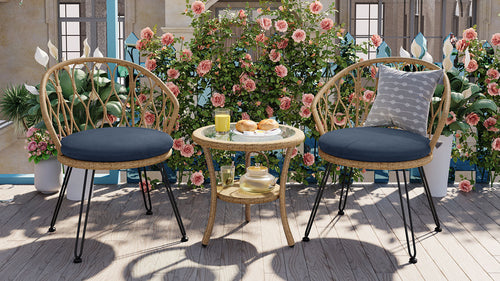 Outdoor Leisure Set, 2 Rattan Single Chairs with A Glass Round Table,