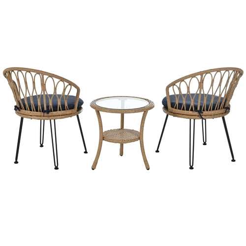 Outdoor Leisure Set, 2 Rattan Single Chairs with A Glass Round Table,
