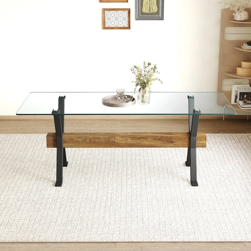 Elegant Transparent Tempered Glass Dining Table with X-shaped Black