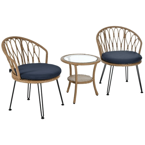 Outdoor Leisure Set, 2 Rattan Single Chairs with A Glass Round Table,